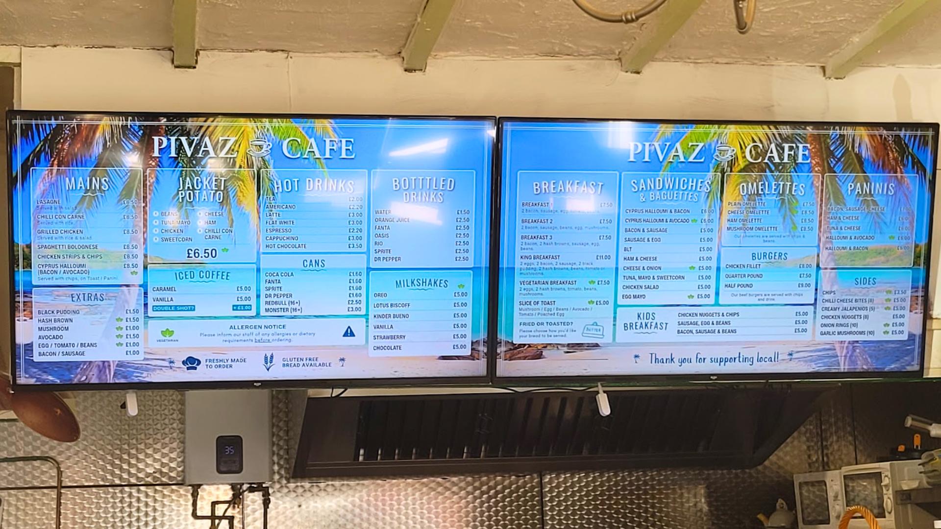 Illuminated menu boards designed for Pivaz Café, Weston-super-Mare
