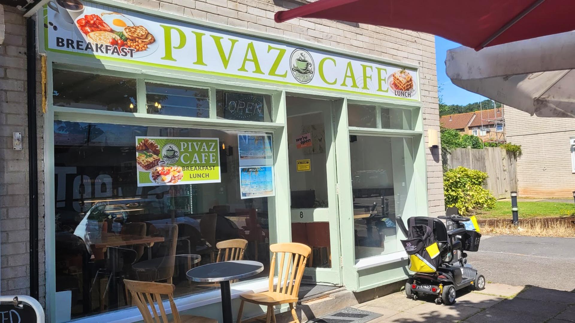 Shopfront signage and window branding for Pivaz Café, Weston-super-Mare